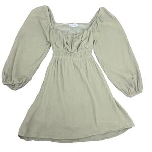 Solai Gauze Olive Green Smocked Babydoll Dress SM Balloon Sleeve Cottagecore
